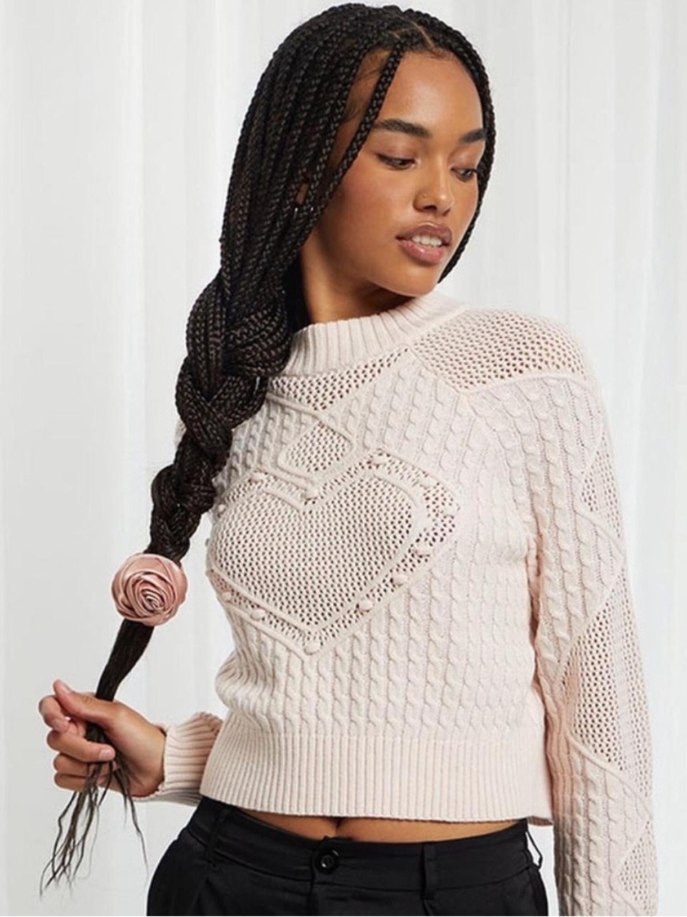 heart mock neck crocheted cable knit sweater